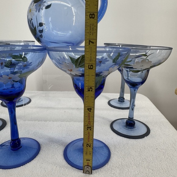 Vtg 7 Pc Set Hand-Blown/Hand Painted Margarita Glasses & Pitcher Floral Daisy - Picture 3 of 7